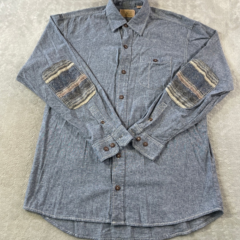 Red Head Ranch Shirt Men Medium Blue Western Stripe Elbow Patche Casual Festival